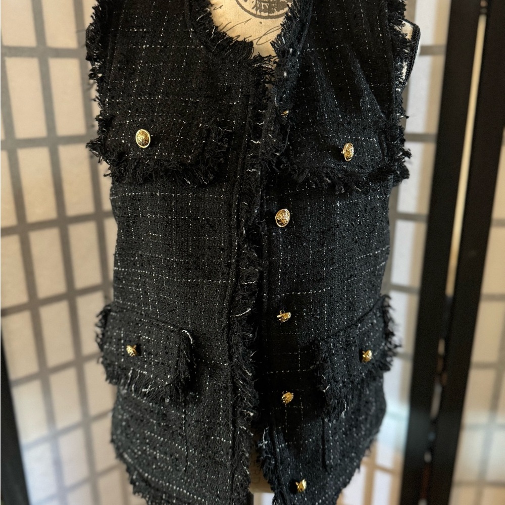 Chic Black Tweed Vest with Gold Accents